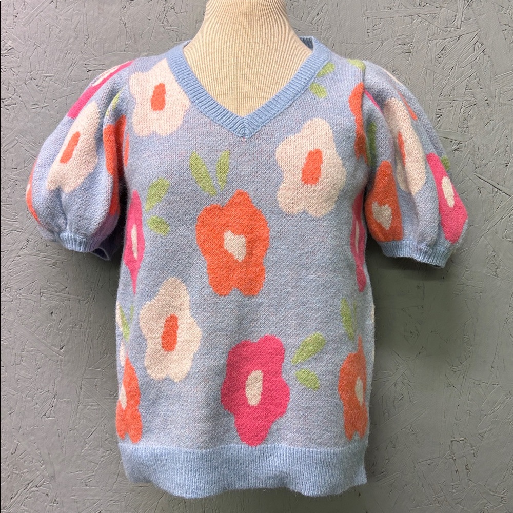BIBI Floral Pattern Puff Sleeve V-Neck Sweater Small Romantic Cottagecore Blue